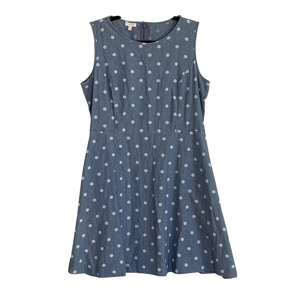 Talbots Blue Polka‎ Dot Chambray Fit and Flare Dress Sleeveless Cotton Size 14